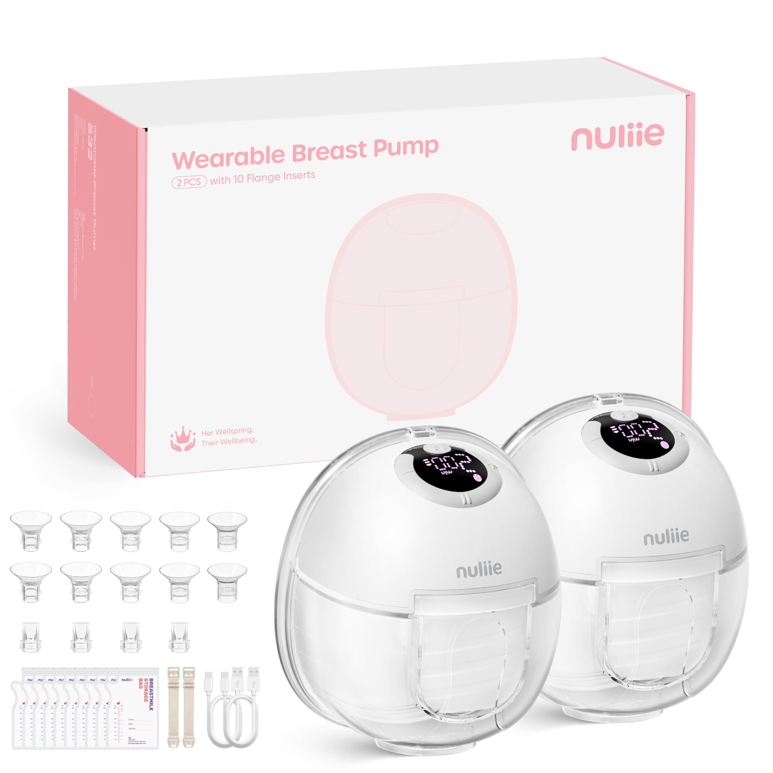 Nuliie Milchpumpe Elektrisch tragbare S32, Elektrische milchpumpe freihändig 4 Modi 9 Stufen mit 13/15/17/19/21/24 mm komfortabler Flansch, Privat, mit Ersatzzubehör im Lieferumfange (2 Packs, Weiß)