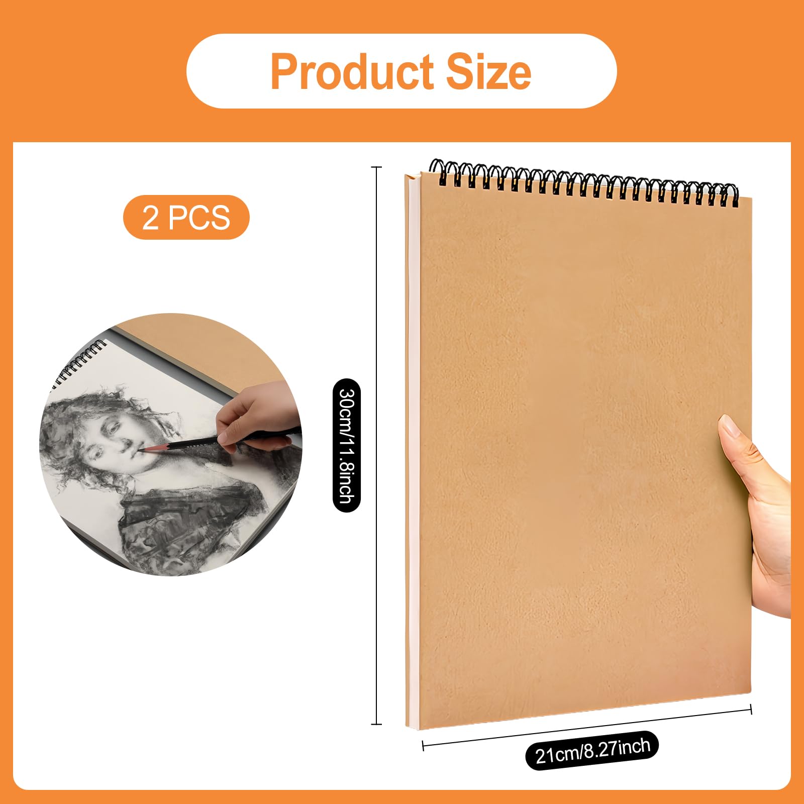 Lot De 2 Carnets De Dessin A4 – 120 Pages Chacun (60 Feuilles), Papier 120 G/m², Reliure Spirale, Couverture Rigide Brune – Pour Croquis, Aquarelle, Crayon