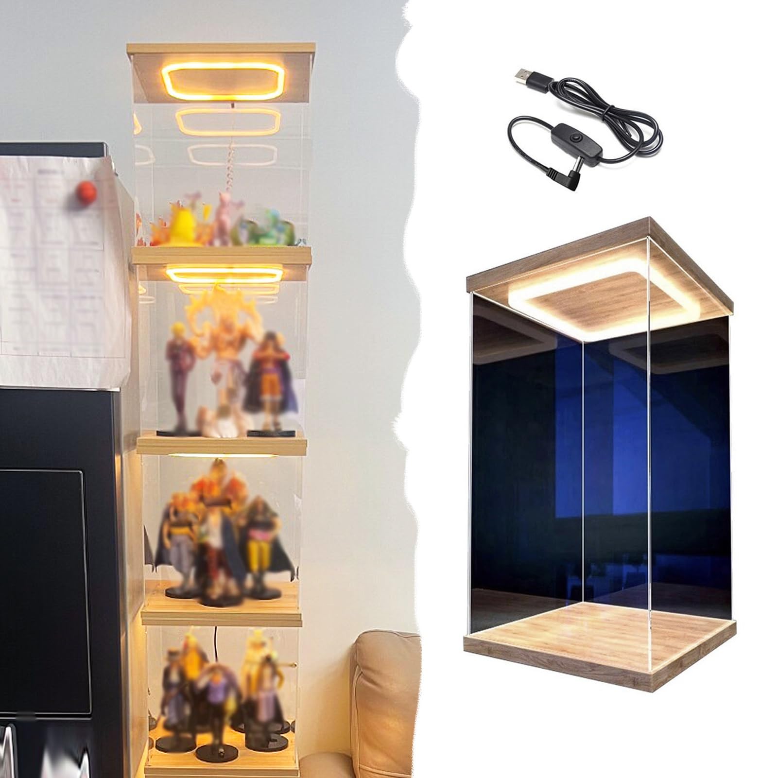 Stackable Acrylic Box Multiple Action Figures, Tall Clear LED Light Acrylic Display Case, Miniatures Model Car Curio Collectibles Organizer, Show Storage Bins(30x30x30cm/12x12x12in)