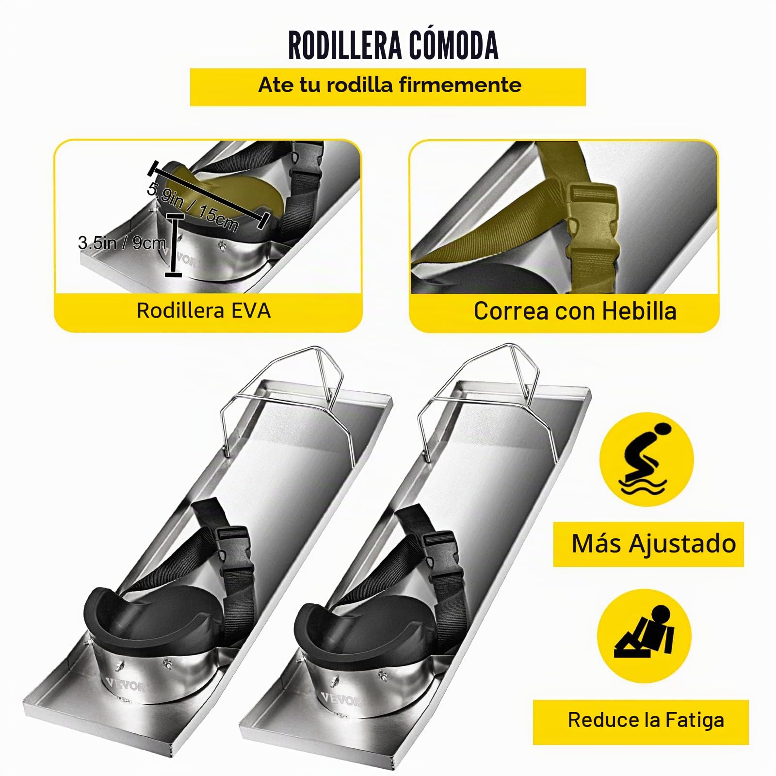 VEVOR Deslizadores de Hormigón de Acero Inoxidable y EVA 70 x 20 cm Pizarra Deslizante de Hormigón con Almohadillas, Correas y Hebillas Ensambladas Tablas Rodilleras para Pulir el Concreto 2 Piezas