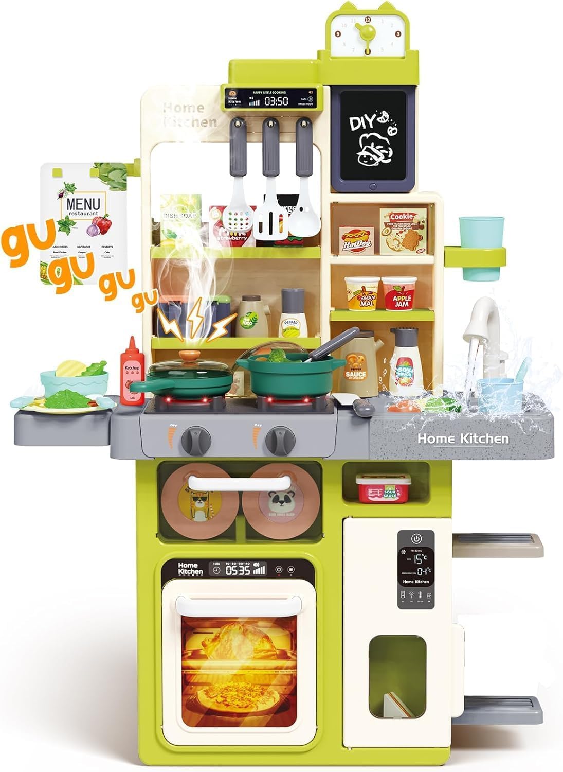 TIUDTOY Big pcs Spraying Mist Kitchen Set with Lights, Sound, Sink, Water, steam Accessories Set with Light and Sound for Children(Color as per Availability)(Multi Color) (Kitchen Set 63 PIS)