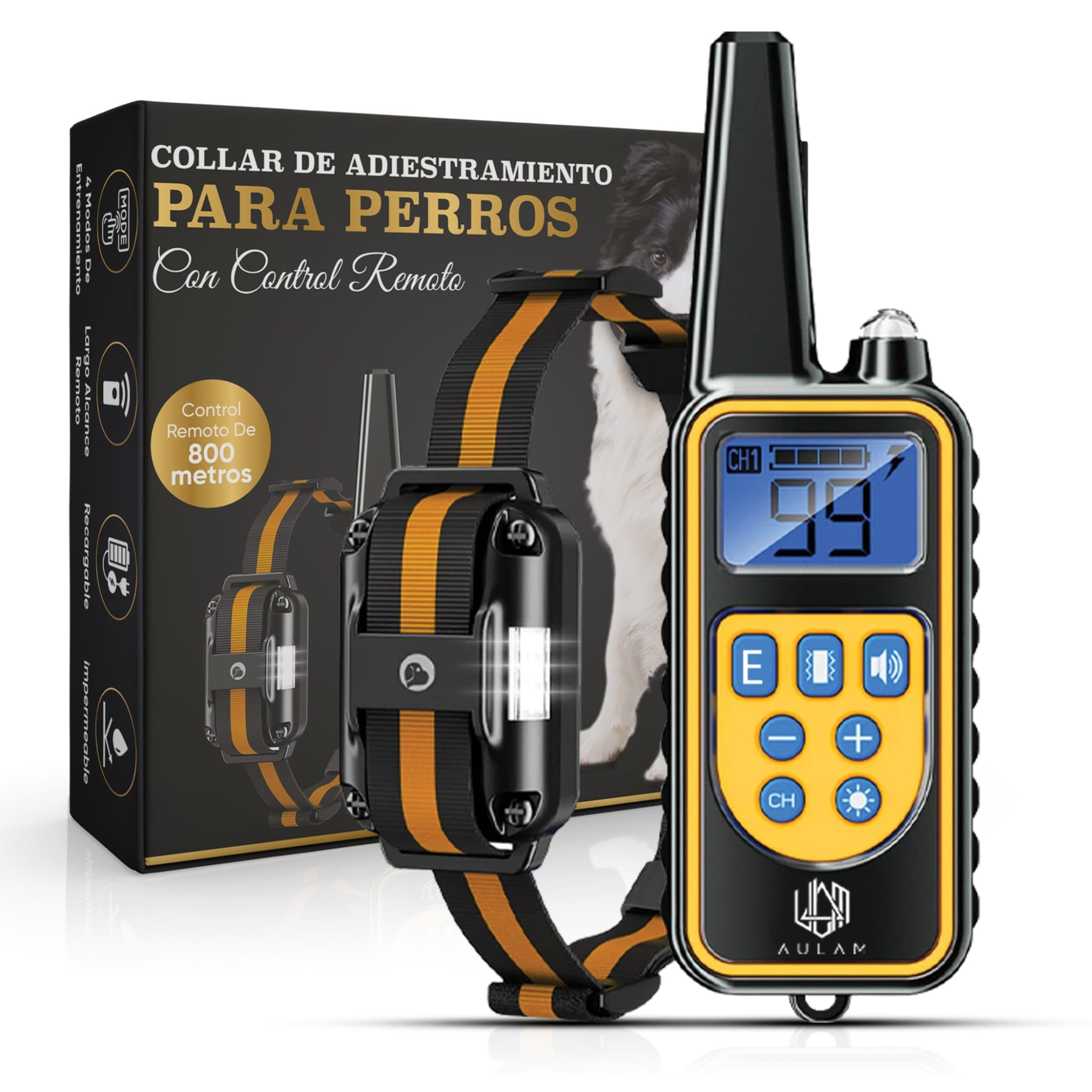 AULAM ® Collar Adiestramiento Perros, Recargable y Antiladridos, 800 Metros de Alcance