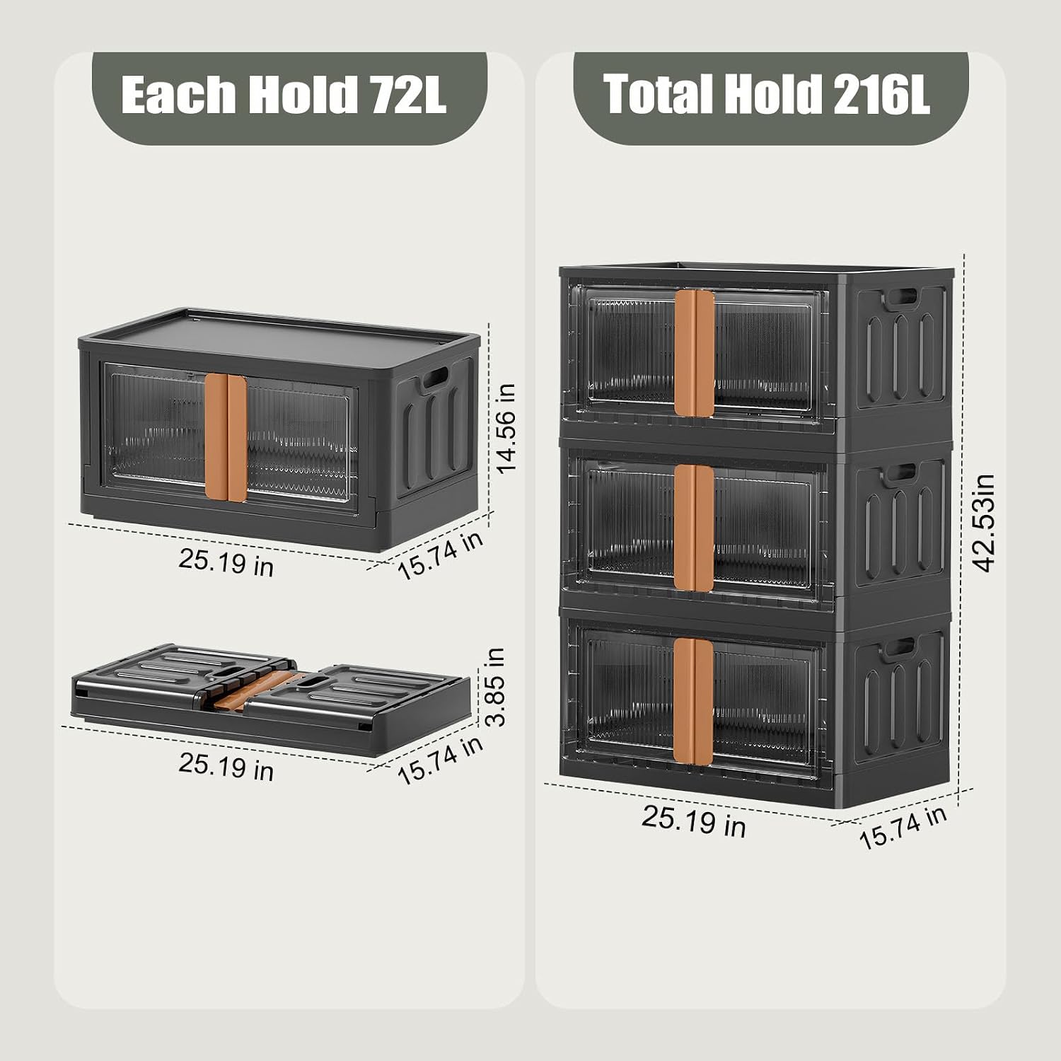 Dollate 19 Gal Folding Storage Bins with Wheels, 3 Pcs Stackable and Removable Lidded Closet Organizer, Space Saving for Living Room, Bedroom, Bathroom