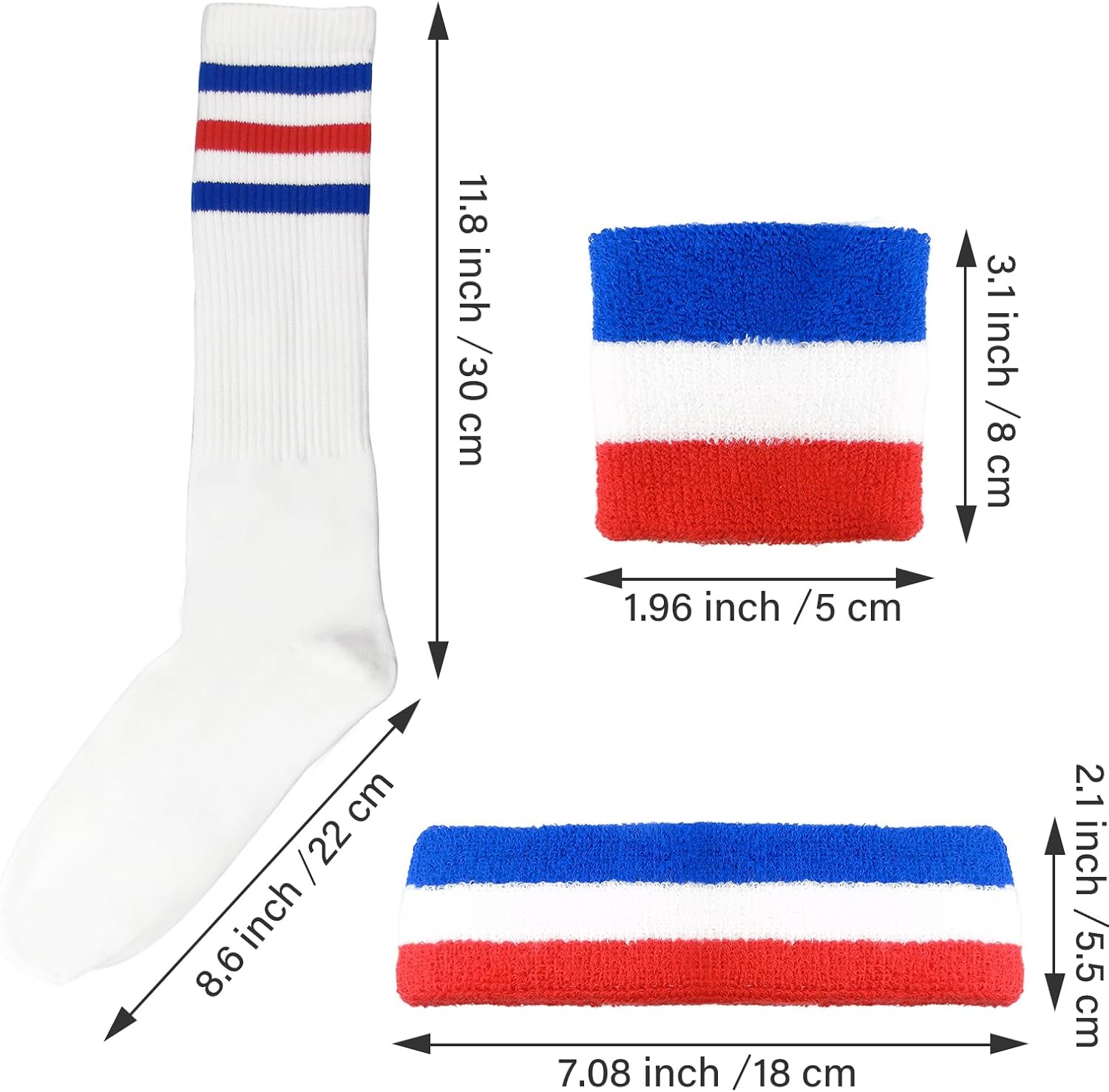 10 Pieces Striped Sweatbands and Striped Socks Set Headbands Wrist Sweat Bands for Men and Women Sports 80s 90s Fitness - Image 2