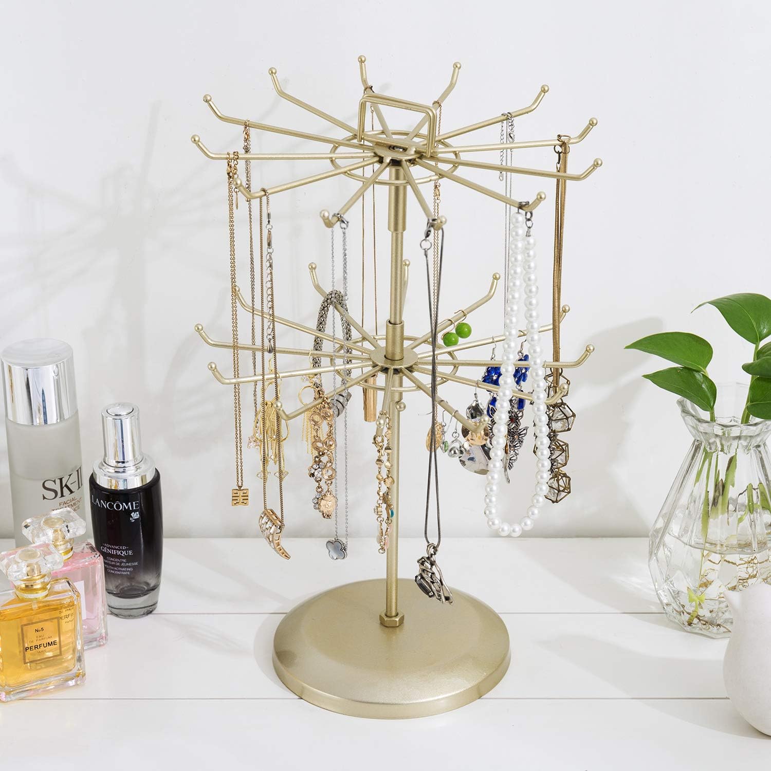 MyGift 2 Tier Brass Metal Jewelry Stand Rotating Necklace and Bracelet Organizer with 24 Hooks for storage, Multipurpose Accessory and Decorative Keychain Spinning Display Rack for women