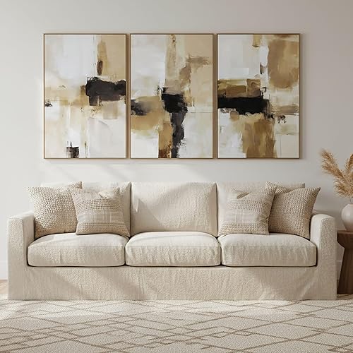 Miniatura 13 de Pintura de Arte de Pared Abstracta Neutra Enmarcada - Decoración de Pared de Lienzo Abstracto Grande con Ilustraciones de Curvas 3D Pintado a Mano