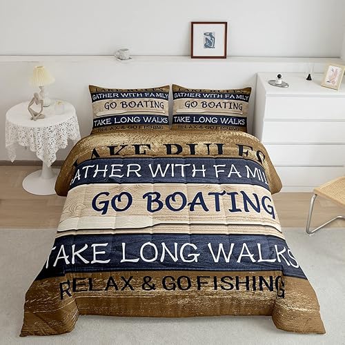 Juego de edredón para niños, juego de ropa de cama de casa de lago, edredón rústico acolchado de madera de granja, 3 piezas con fundas de almohada,