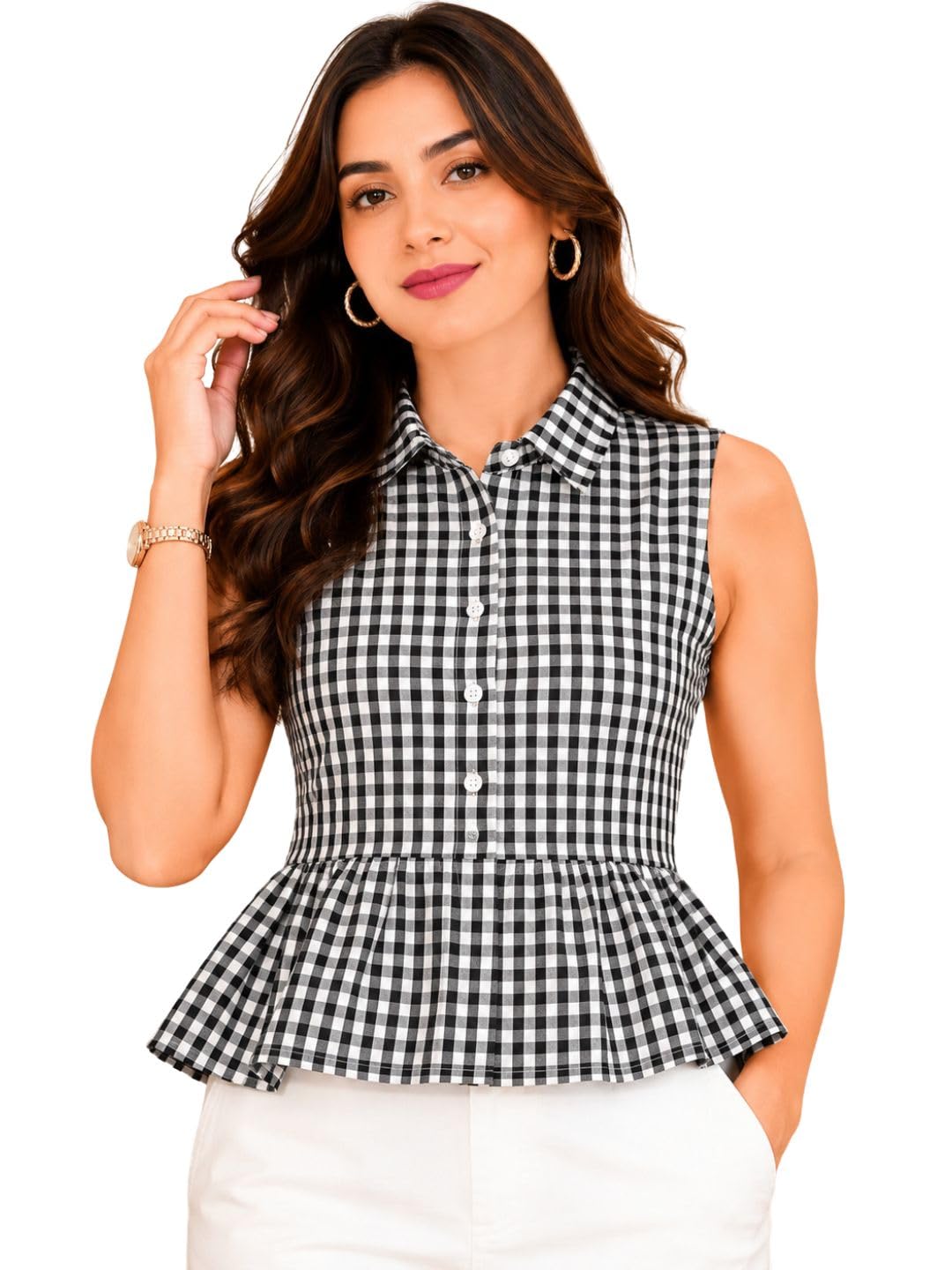 Women’s Cotton Checked Sleeveless Peplum Top Casual Summer Shirt Collar Blouse Fashion-image-27