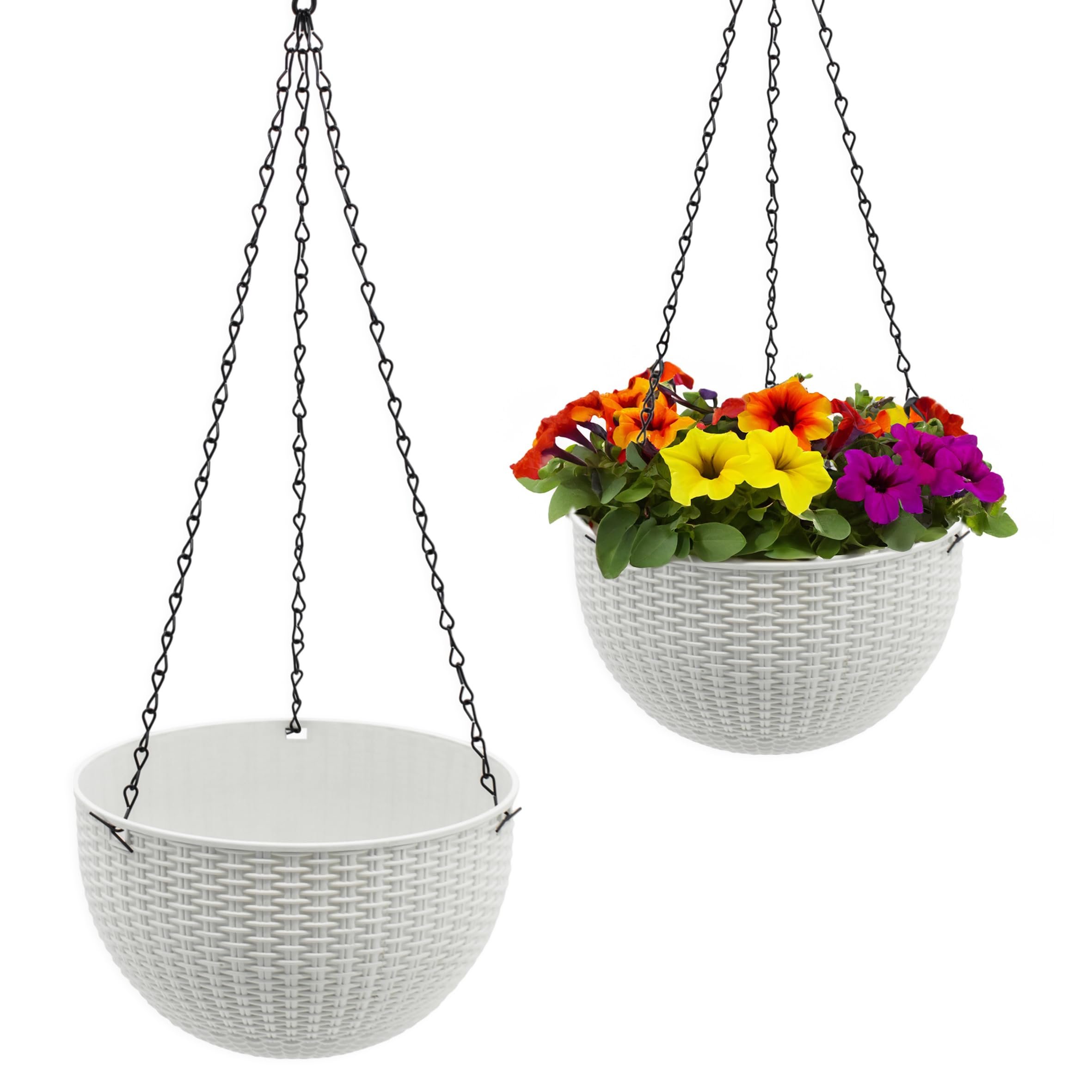 Blumenampel weiß in Rattan Optik 23 cm - 2er Set - Kunststoff Hängeampel mit Ablauf und Metallkette