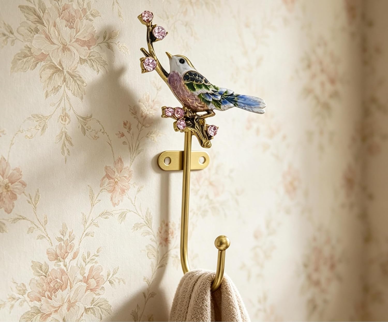 Bitray 2 Pack Bird Wall Hooks, Vintage Enamel Rhinestone Metal Coat Hooks | Durable Zinc Alloy Material, Glittering Rhinestones Inlay, Hanging Coats, Robes, Towels, Hats, Keys, Matching Mounting Screws