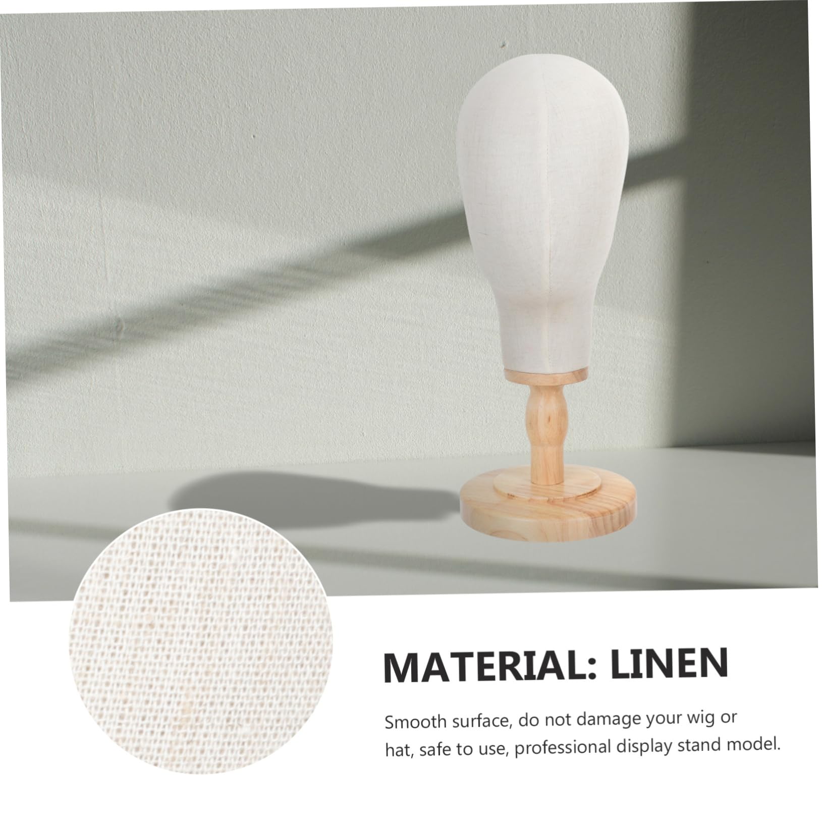 Mobestech Présentoir Tête Mannequin en Lin Naturel Socle Bois, Modèle D'entraînement pour Perruques Et Chapeaux, Support Polyvalent pour Bijoux, Lunettes Et Accessoires De Coiffure