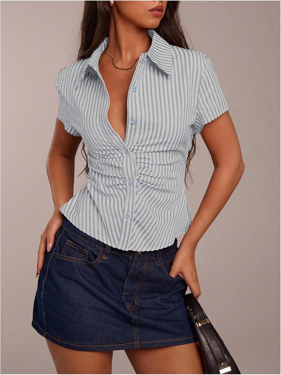 OYOANGLE Women's Striped Short Sleeve Button Down Blouse Y2K Fitted Ruched Collared Shirt Tops - Image 2
