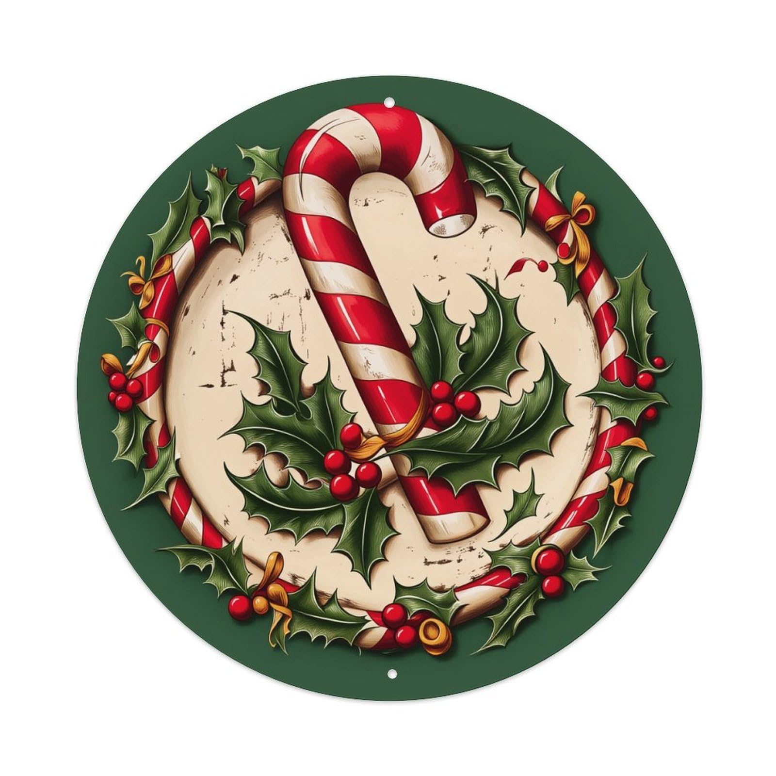 Candy Cane Holly Berries Wreath Round Tin Sign Retro Metal Sign for Cafe Bar Pub Home Game Room Gym Club Wall Decoration Vintage Metal Poster 8x8 Inch