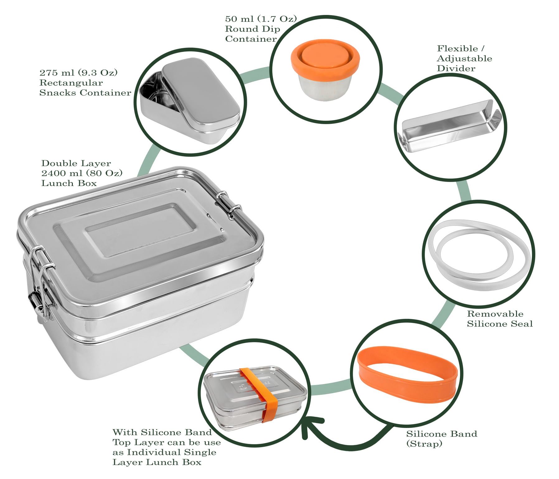 Bento Box per adulti in acciaio inox, 2,3 l, impilabile, con contenitore per salse e snack, a prova di perdite, lavabile in lavastoviglie, coperchio in acciaio inox, contenitore
