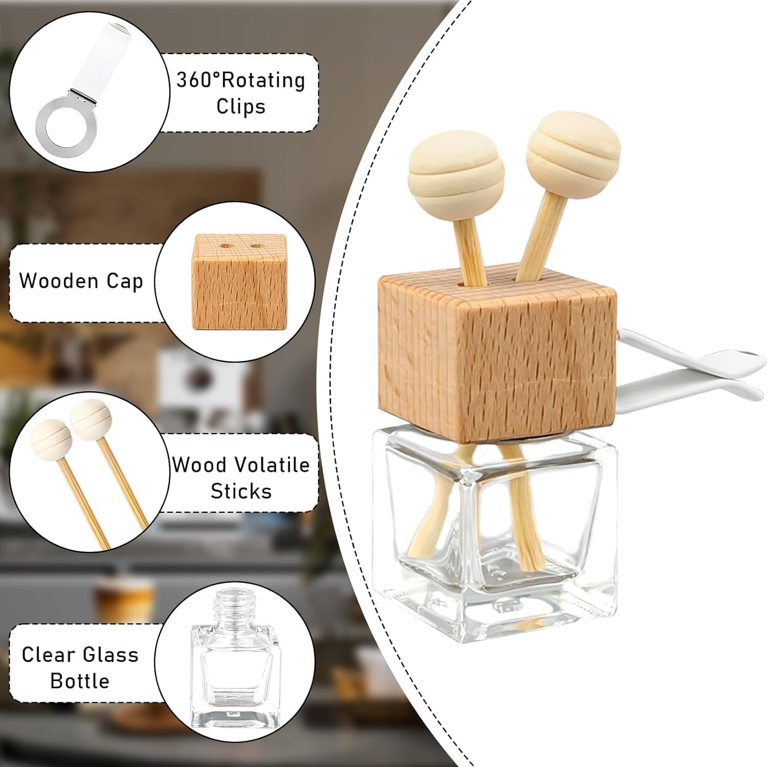 Paquete de 30 ambientadores para coche, 8 ml, transparentes, vacíos, difusor de aceites esenciales, difusor de perfume para coche, botella de cristal con clip de ventilación, tapas de madera
