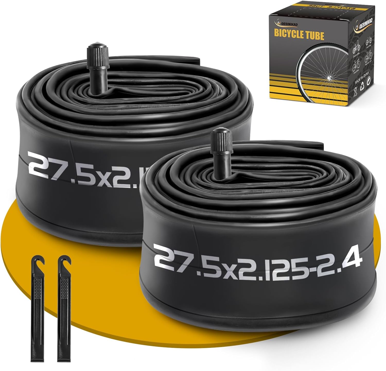 2 Pack 27.5 Inch Bike Tube AV32mm Schrader Valve, 27.5" Bicycle Tube for 27.5 x 2.125/2.20/2.25/2.30/2.35/2.40 Bike Tire, Butyl Rubber Inner Tube with 2 Tire Levers for Mountain MTB Bike