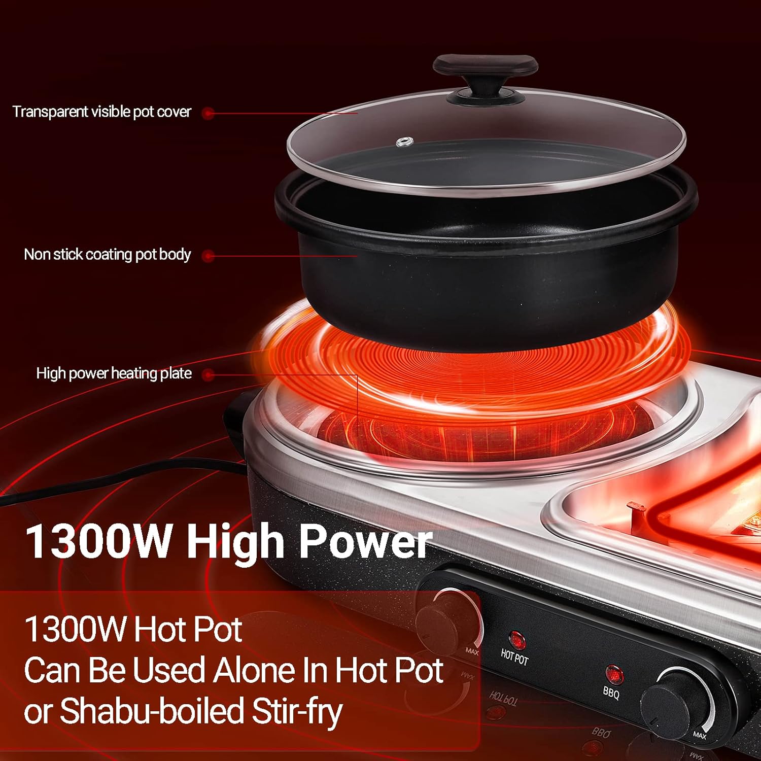 Electric Grill with Hot Pot, 2 in 1 Electric Grill, Indoor Smokeless Korean BBQ Grill,Non-Stick Electric Pot and Griddle, Independent Dual Temperature Control, Capacity for 2-10 People