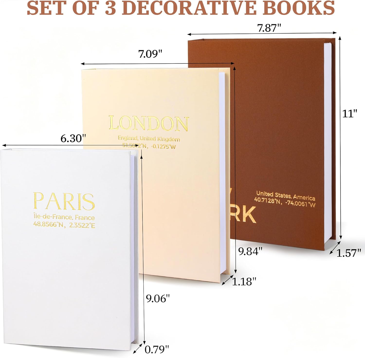 Decorative Books for Home Decor - Set of 3 Linen Fake Book for Coffee Table, Bookshelf or Mantel Decor, Stackable Faux Book Box as Libros Decorativos and Hidden Storage (NEW YORK, London, Paris)