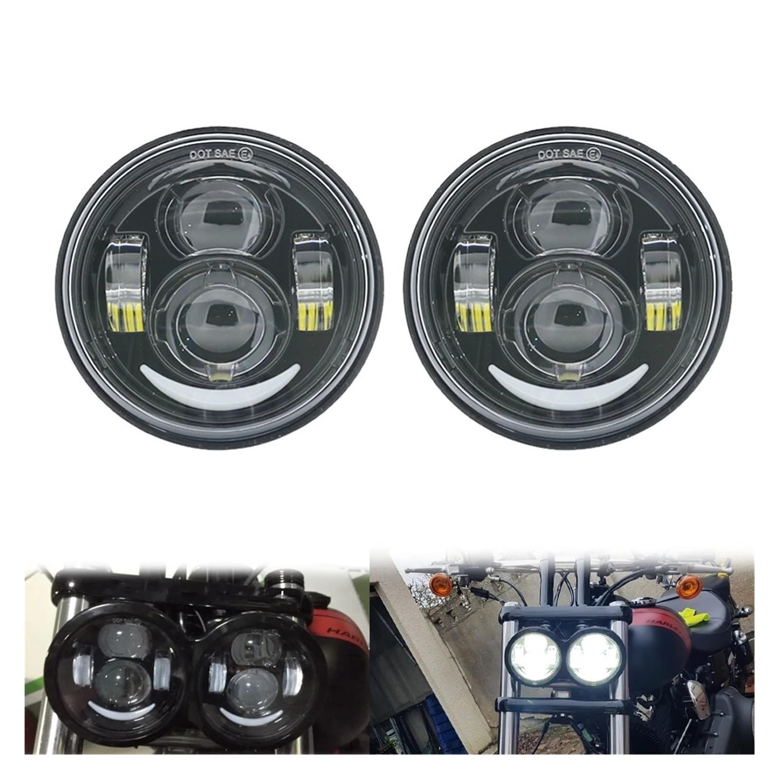 Phares Doubles À LED Pour Dyna Fat Bob 4,5 Pouces Avec Feux De Jour 4,65 Pouces H4 Optique De Moto Ronde(Black With DRL)