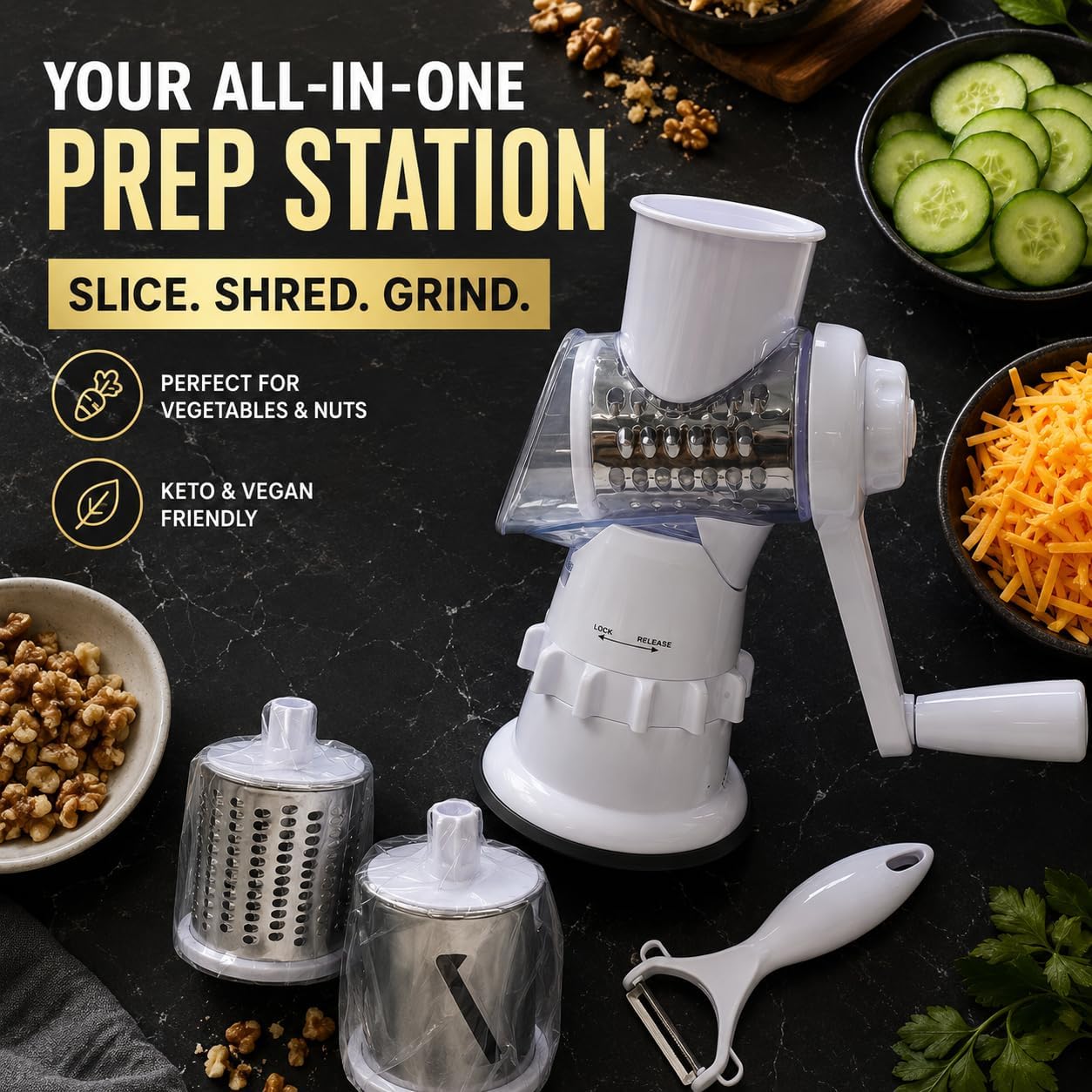 Rotary Cheese Grater with Handle, 3-in-1 Manual Vegetable Slicer & Shredder with 430 Stainless Steel Blades, Strong Suction Base, Nut Grinder for Kitchen Prep, Dishwasher Safe (White)