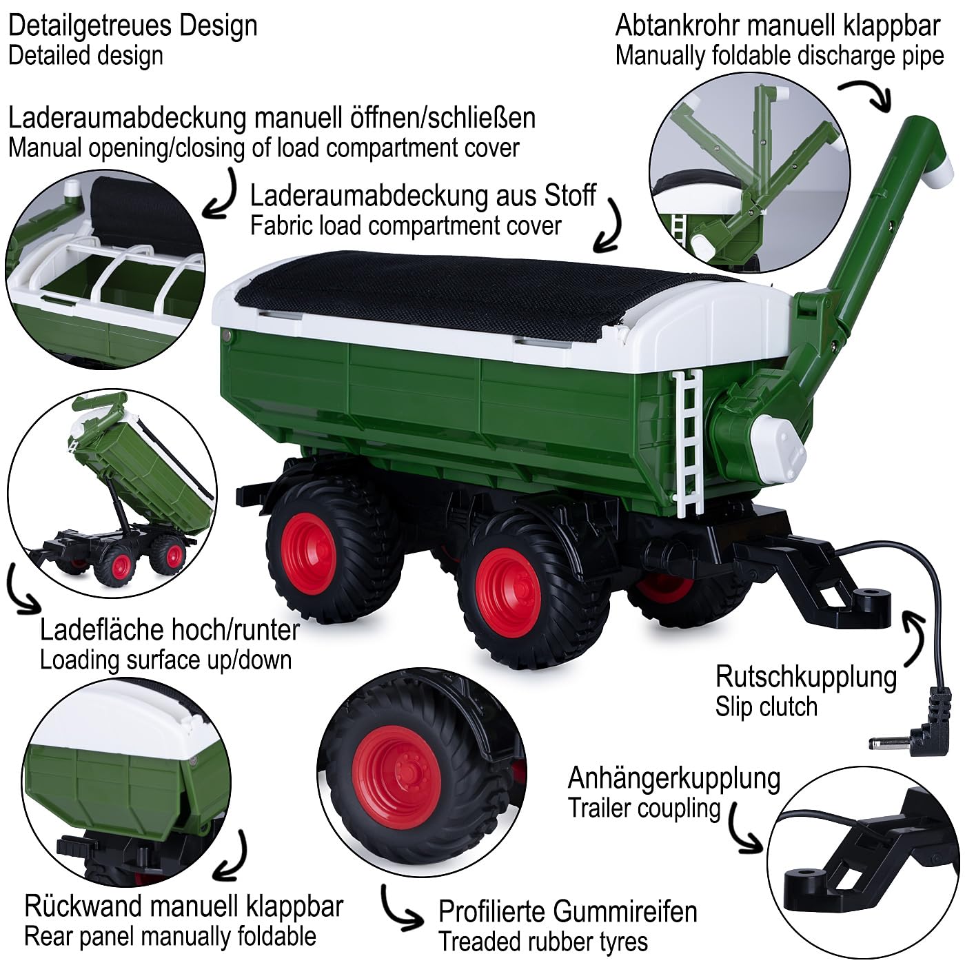 JAMARA 423268 - Carrello di sovraccarico verde per trattore radiocomandato MB-trac 1000 1:24S, accessorio agricolo, regalo per bambini