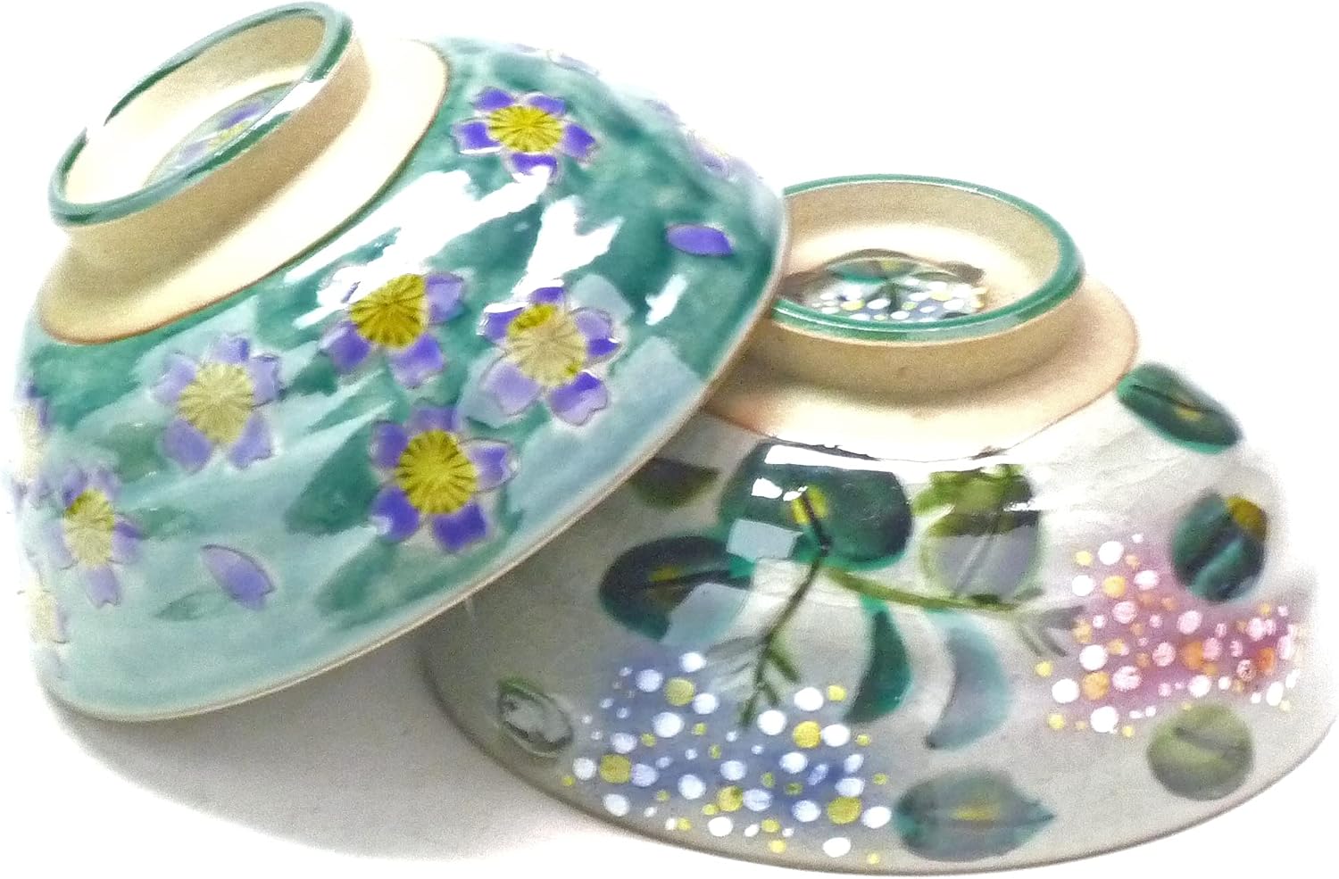九谷【ペア飯碗】グリーン地桜＆がく紫陽花ピンク＋ブルー 👛 裏絵
