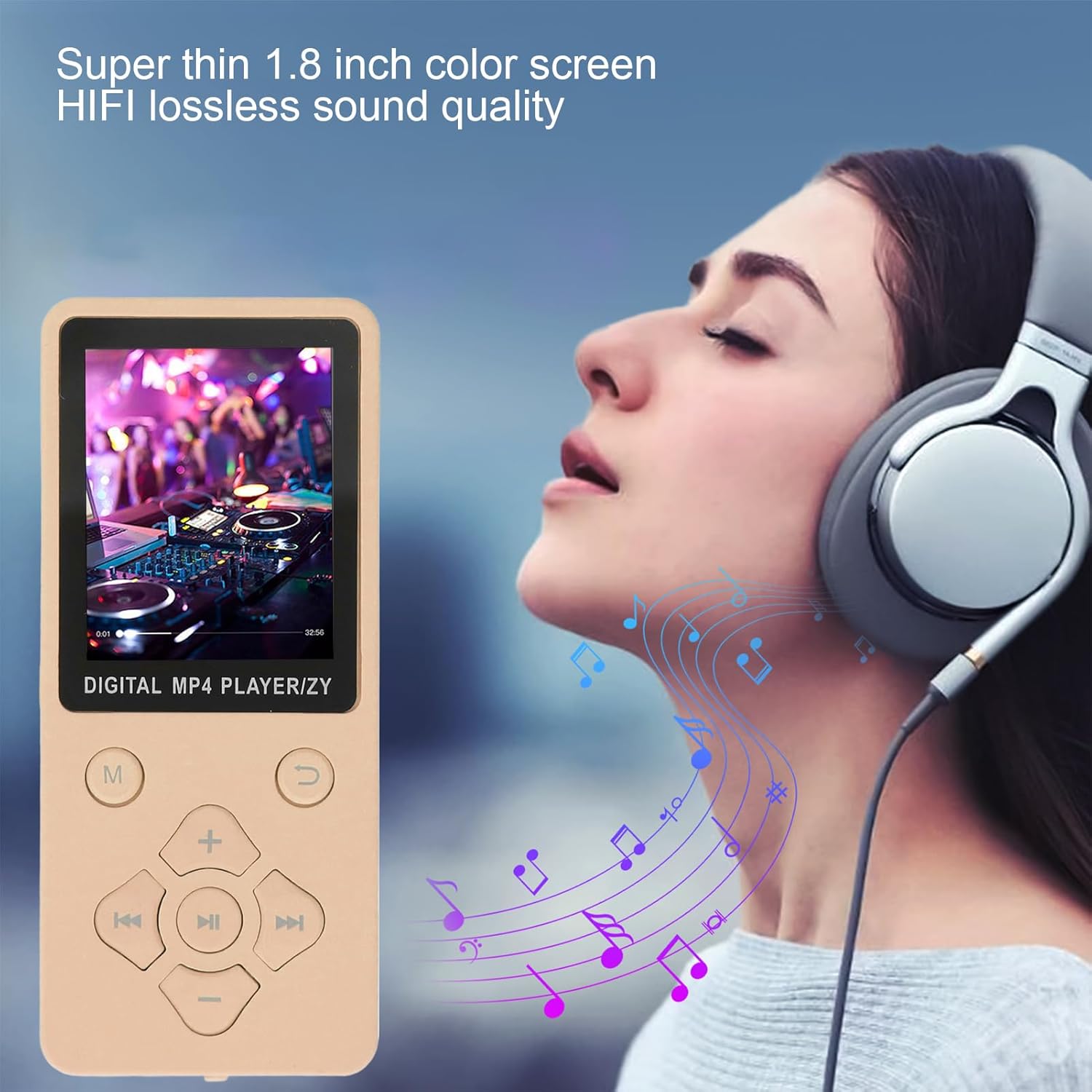 Fockety MP3 MP4 Player with headphones, displaying music playback on its 1.8-inch color screen.