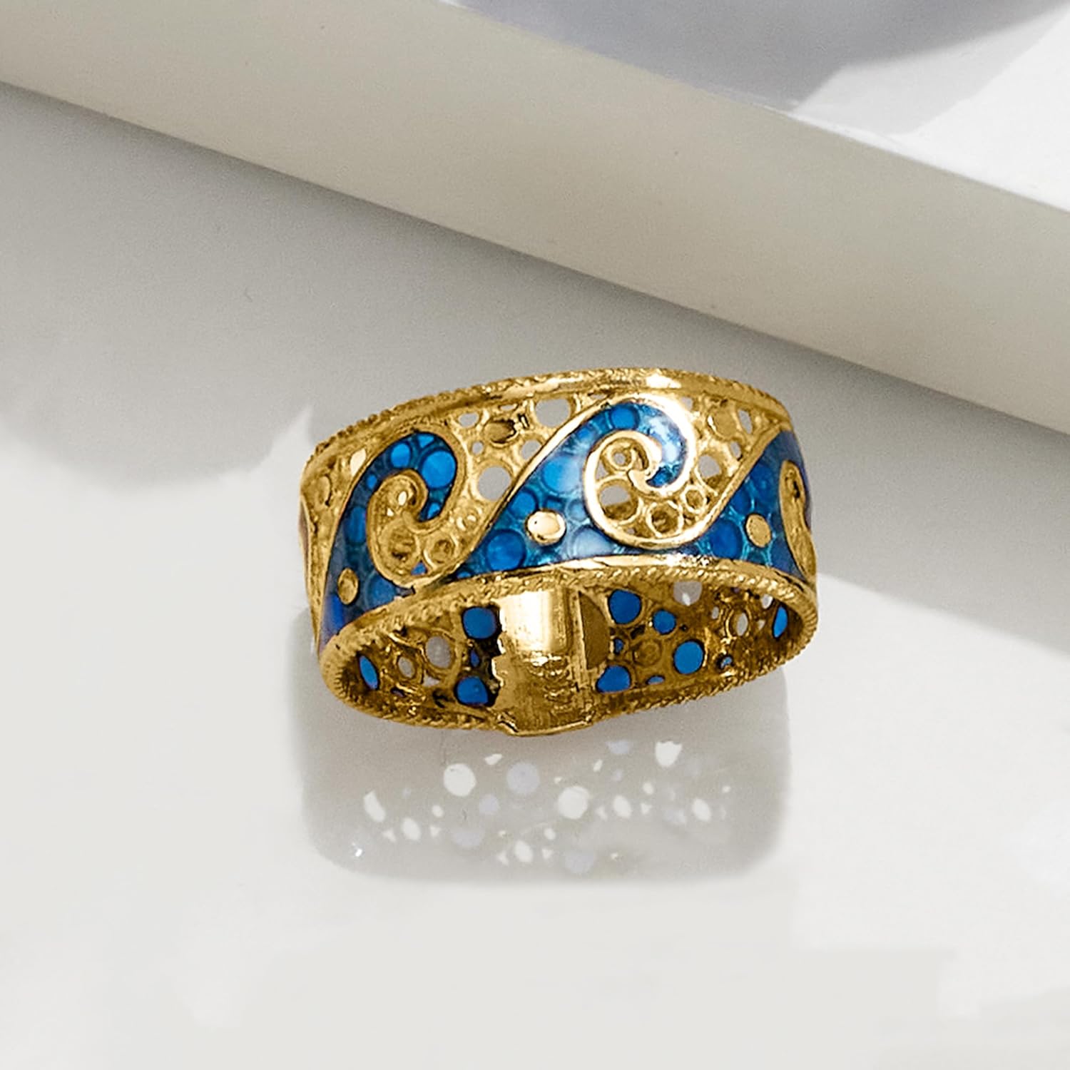 Ross-Simons Italian 14kt Yellow Gold Wave Ring With Blue Enamel