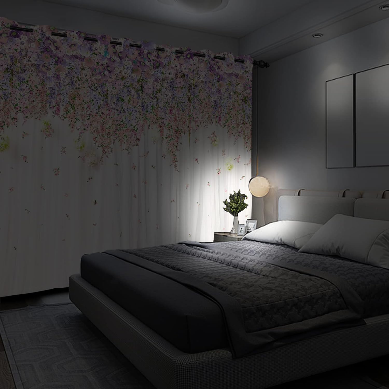 Yeele 53x96inches Floral Window Curtains Purple and Pink Weeping Flowers Room Darkening Window Panel Set Noise Reducing Thermal Insulated Grommet Window Treatment Drapes for Girls Bedroom Decor