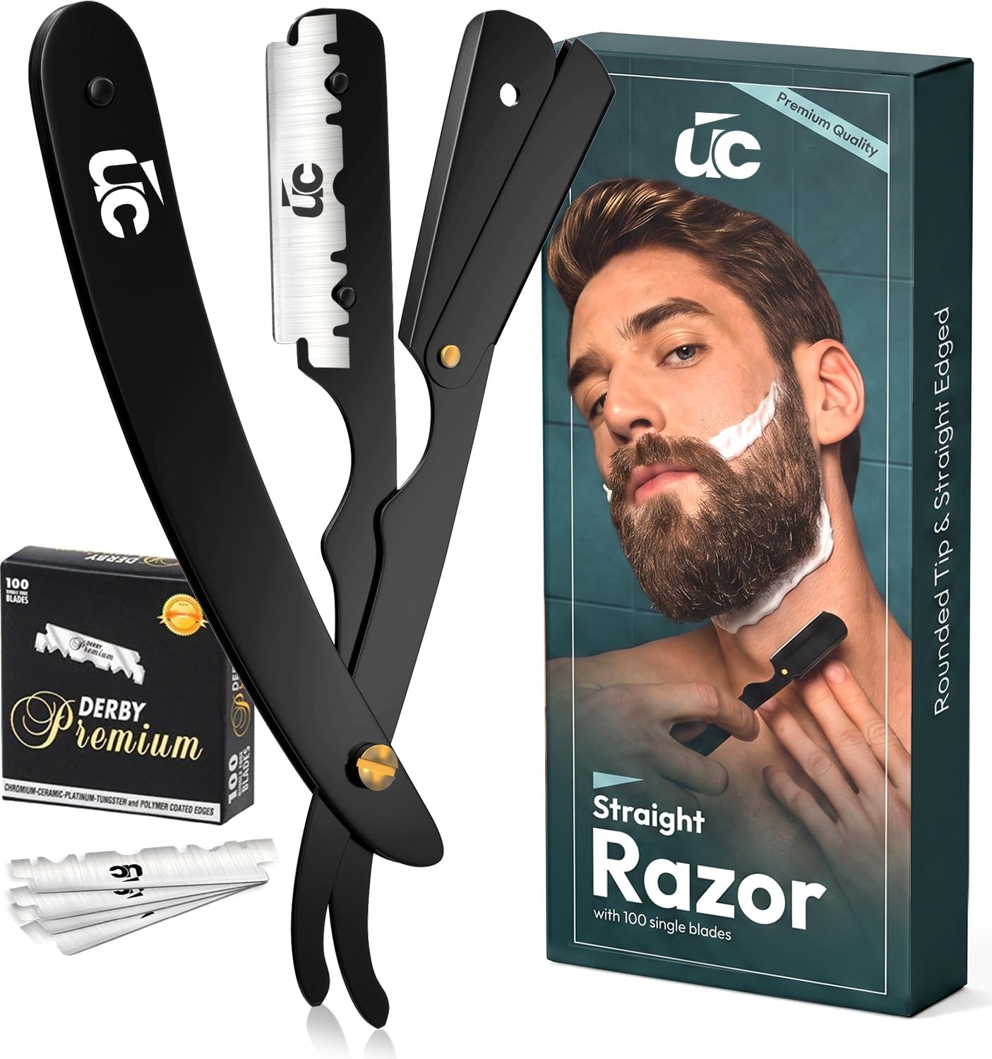 Utopia Care Professional Barber Straight Edge Razor Safety with 100-Pack Derby Blades - 100 Percent Stainless Steel