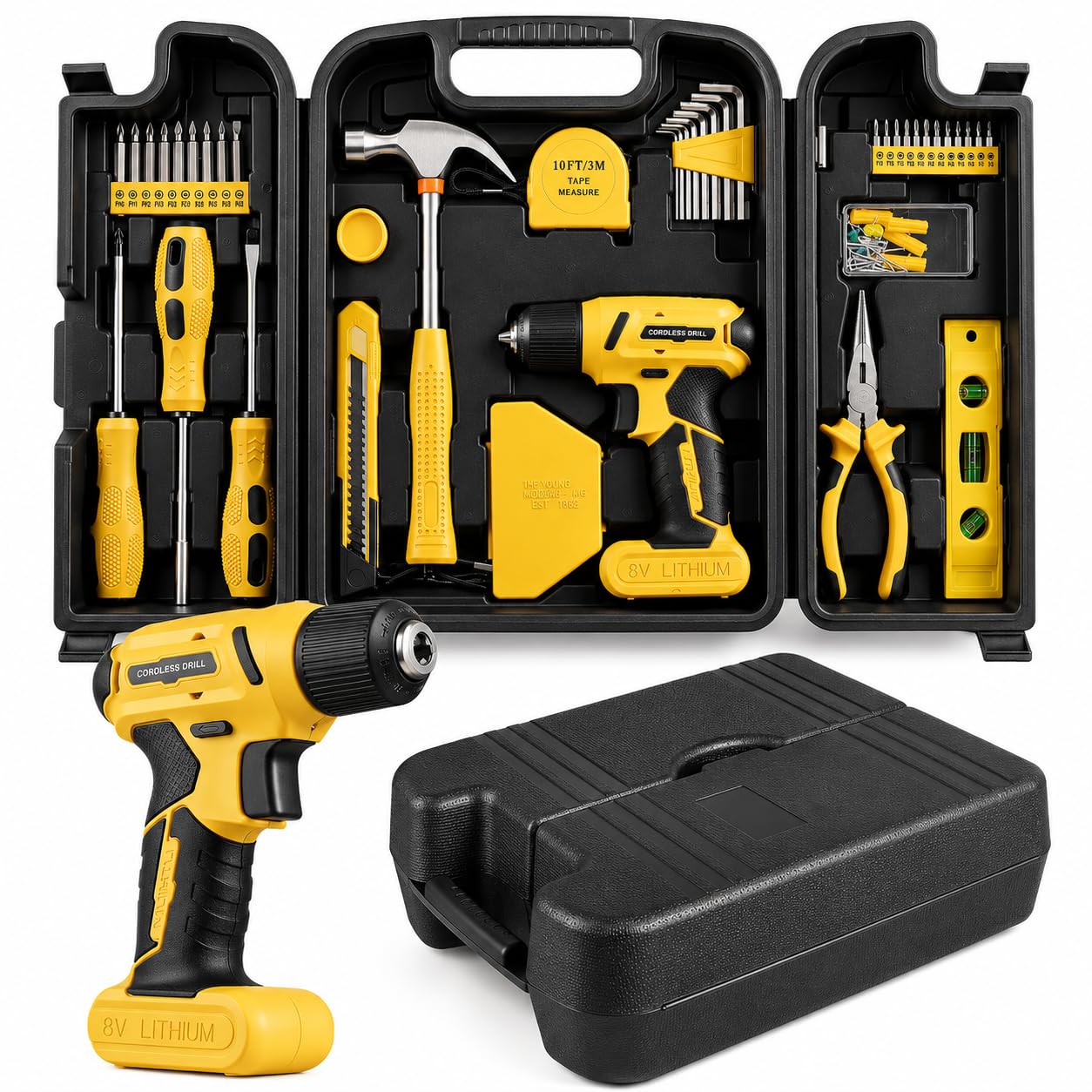 TLGREEN Caja de Herramientas Completa 101PCS con Destornillador Electrico/Taladro 8V, Maletin Herramientas Domésticas de Bricolaje para Oficinas y Jardín Reparaciones del Hogar