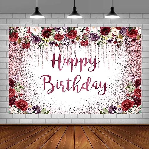 Miniatura 3 de SENDY Telón de fondo de cumpleaños de 8 x 6 pies, suministros para decoración de fiesta de cumpleaños para niña y mujer, color burdeos, rosa,