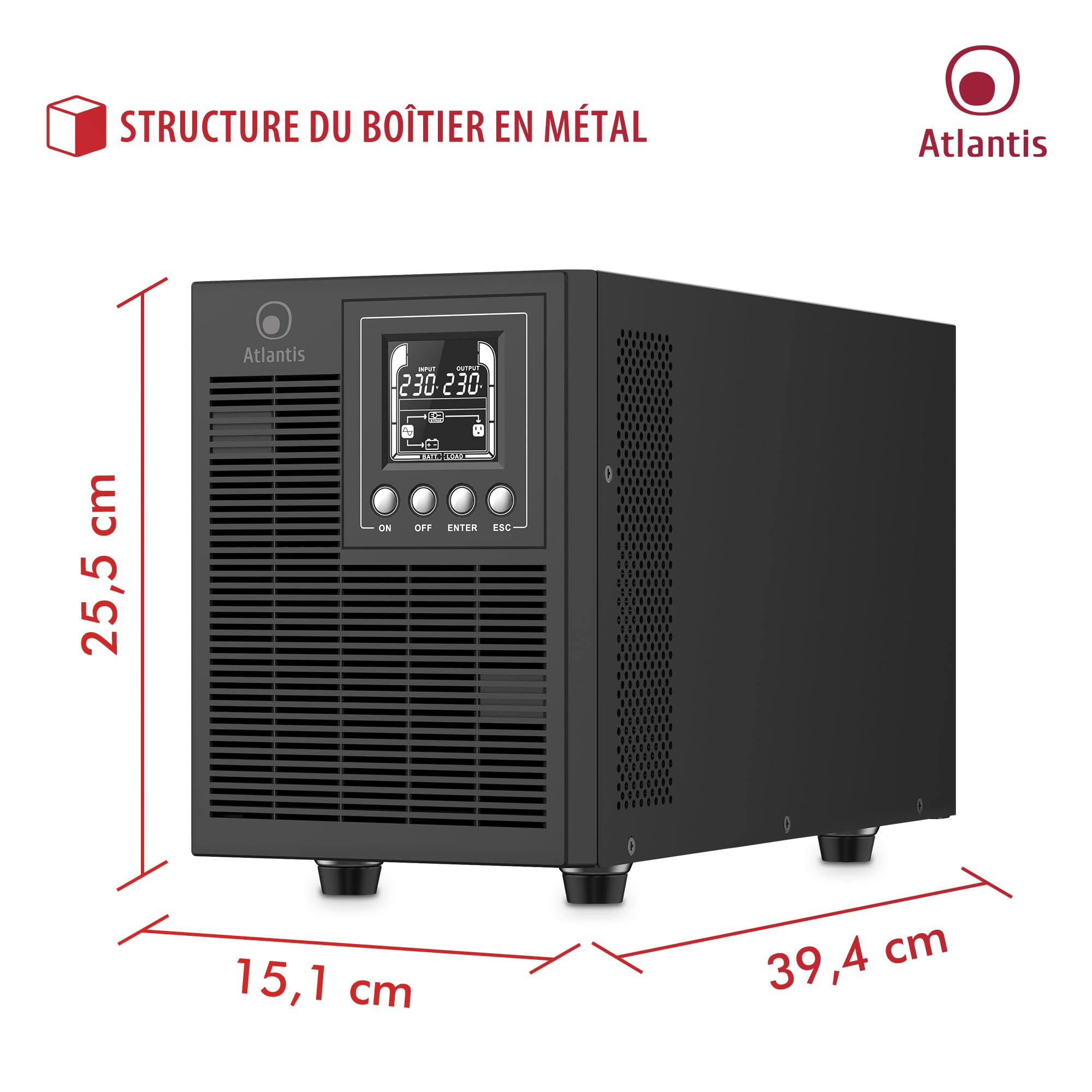 Atlantis A03-OP2002P Pro Onduleur (UPS) Online Double Conversion et Pure sinusoïde avec Une Puissance de 2000VA 1800W, Tour, écran LCD, USB, RS-232 série, 4 Sorties IEC, Slot SNMP, 4x12V-9Ah