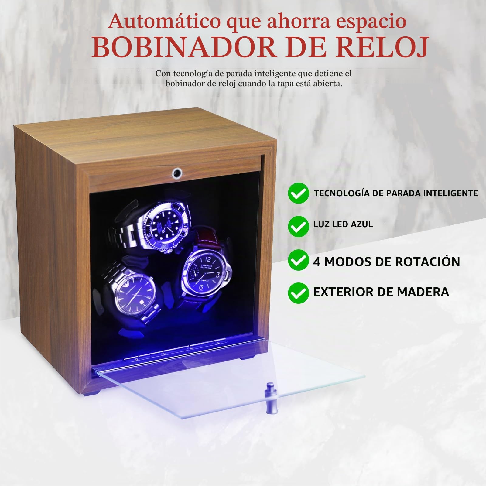 Caja Giratoria para Relojes Automáticos, Caja Giratoria con 3 Relojes Automáticos | 4 Modos de Rotación | Luz LED Azul | Almohadilla de Espuma | Vitrina de Madera, Función de Parada con Tapa Abierta
