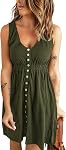BTFBM Mini Robe sans manches Col rond Bouton vers le bas Une ligne de soleil Robe haute taille, Swing robe d'été pour les femmes, au-dessus de la longueur du genou, courte robe en tricot côtelé, tenues de vacances pour les dames