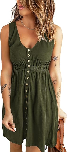 BTFBM Mini Robe sans manches Col rond Bouton vers le bas Une ligne de soleil Robe haute taille, Swing robe d'été pour les femmes, au-dessus de la longueur du genou, courte robe en tricot côtelé, tenues de vacances pour les dames