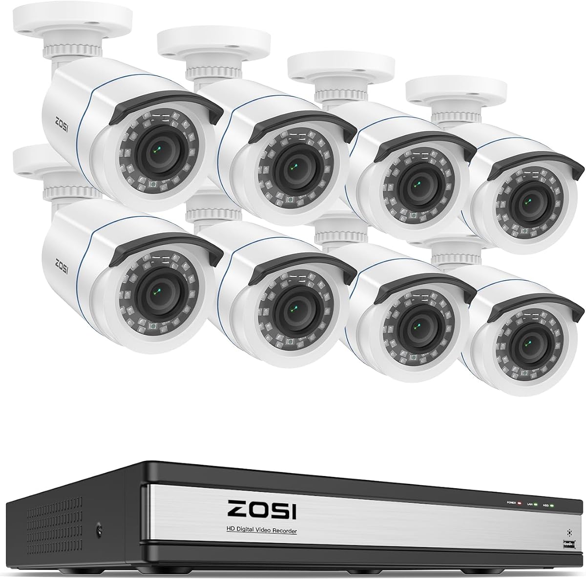 Sistema de cámaras de seguridad 3K Lite 16CH, 8 cámaras tipo bala 1080p, SIN HDD | Detección AI de personas/vehículos, DVR de vigilancia de 5MP Lite H.265+ de 16 canales, cámara CCTV resistente a la intemperie IP66, visión nocturna de 80 pies