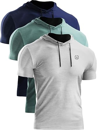 NELEUS Mens 3 Pack Dry Fit Running Shirt Workout Athletic Shirt with Hoods,Navy Blue,Light Green,Grey,M