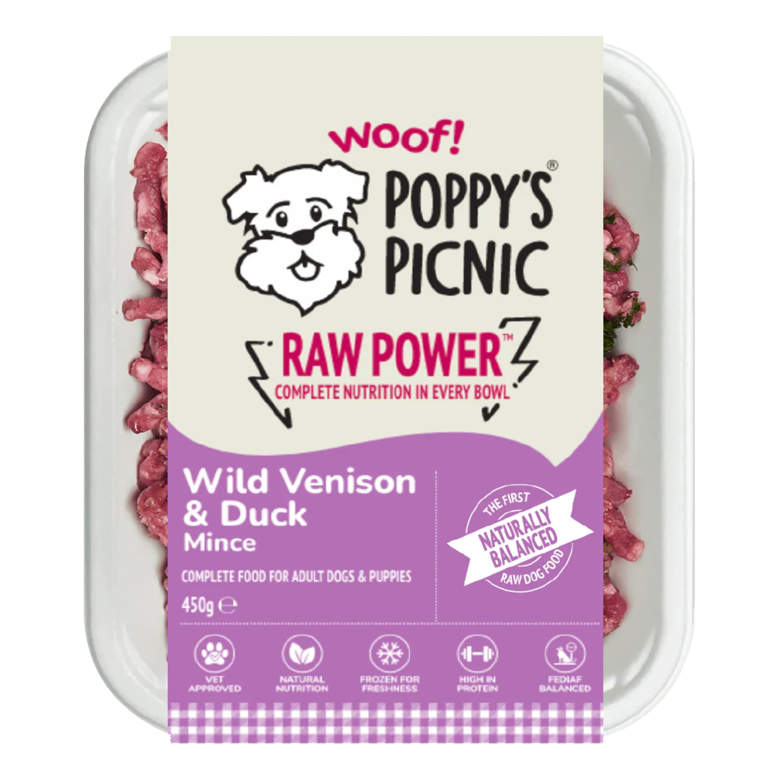 Poppy’s Picnic - RAW POWER Venison & Duck – 8 Pack Raw Frozen Dog Food – High Protein Fresh Frozen Dog Food – Complete – Natural Venison, Duck & Beef – 8 x 450g