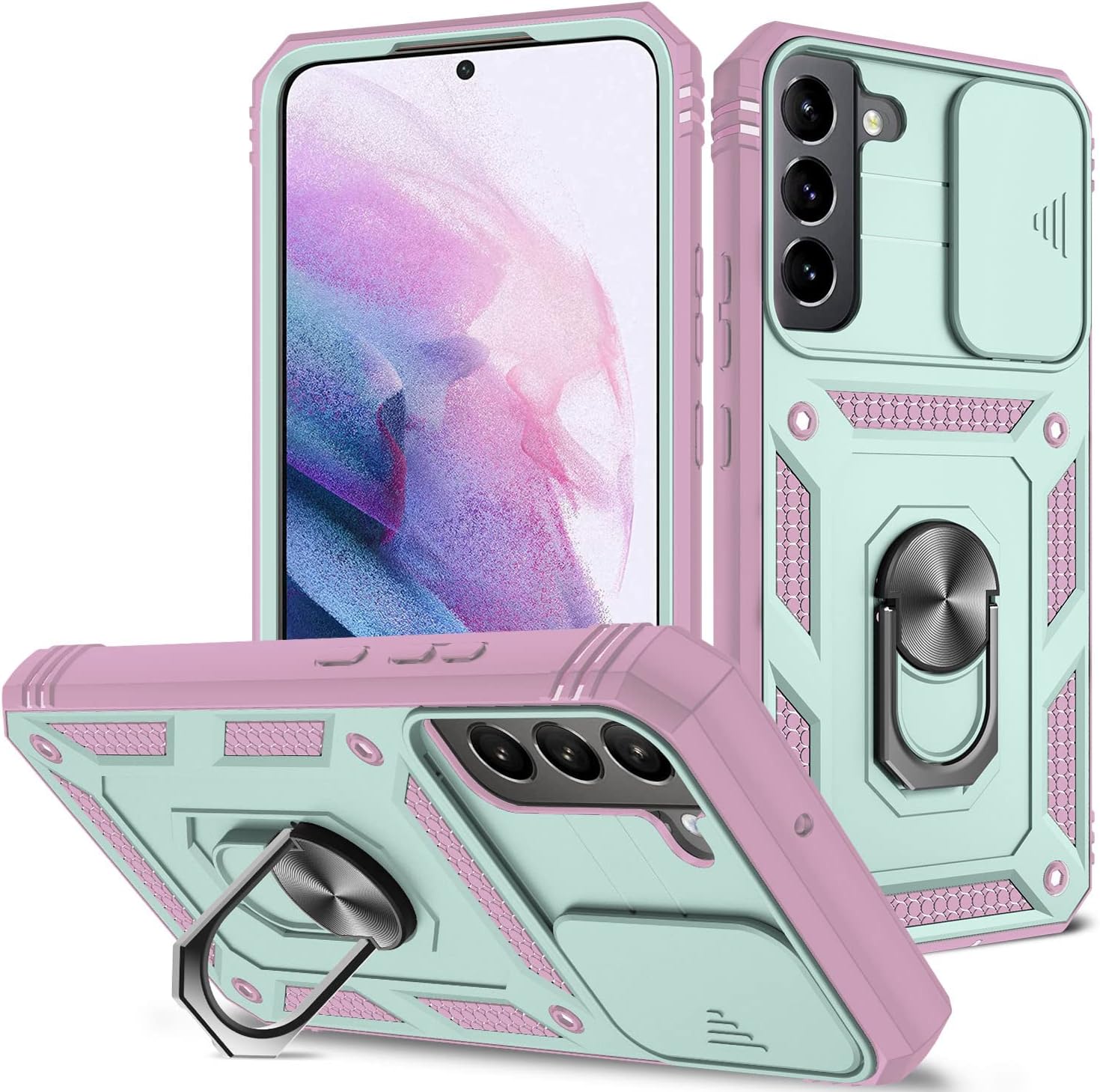 Fetrim Case for Galaxy S22 Plus, Camera Cover Phone Case with Rotation Ring Stand for Samsung Galaxy S22 Plus - Green Pink