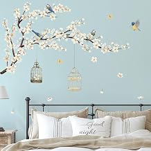 decalmile Cherry Blossom Wall Stickers White Flower Tree Branch Birds Wall Decals Bedroom Living Room TV Wall Art Home Decor