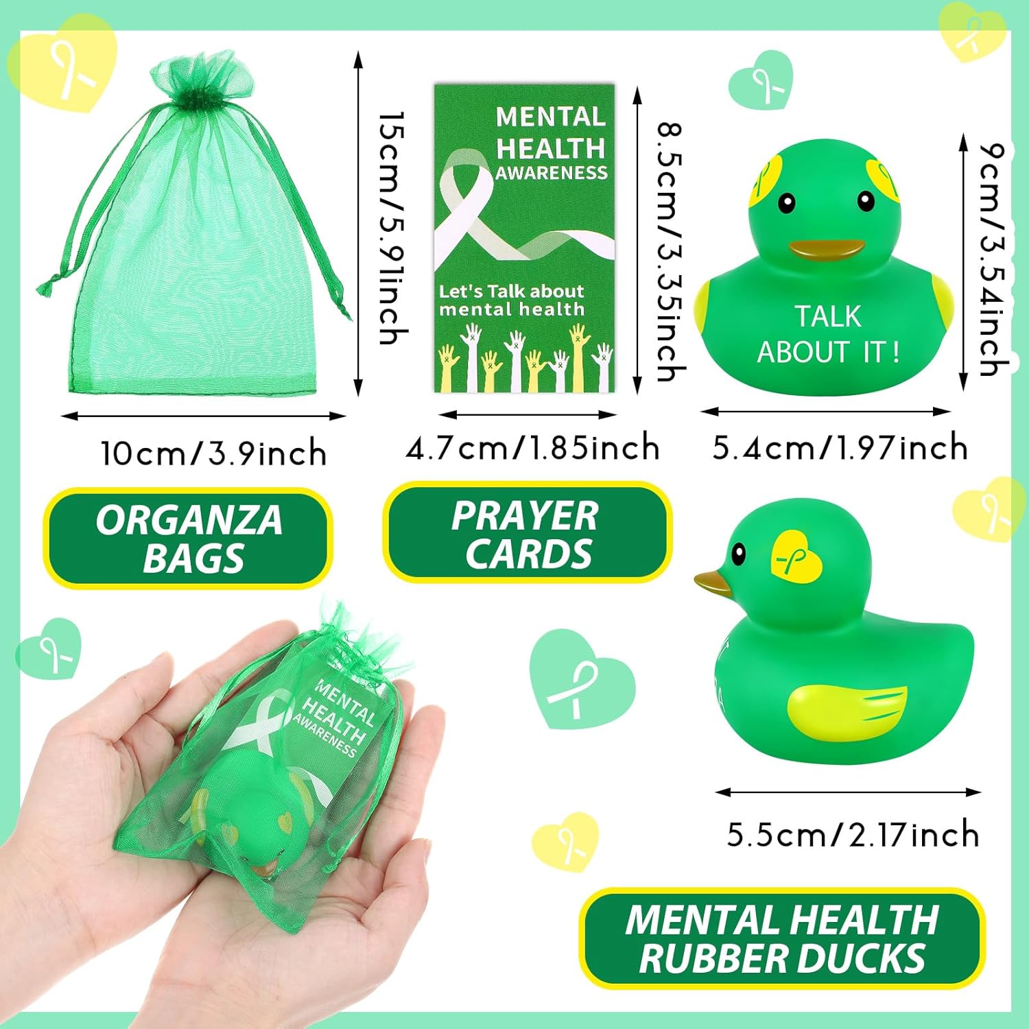 DEEKIN 100 Set Mental Health Rubber Duck Mental Health Awareness Gifts Include 100 Green Ribbon Rubber Duck 100 Cards and 100 Organza Bags for Friend Family Coworkers Fundraiser Giveaways