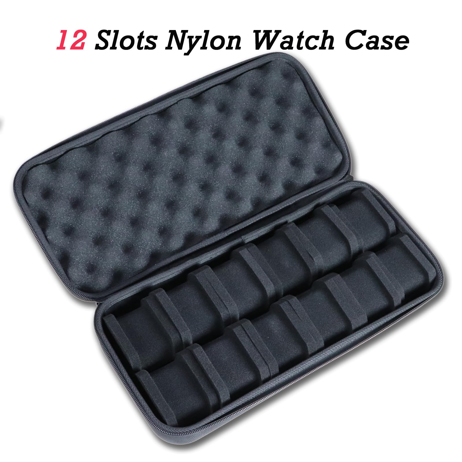 Juntan Custodia rigida da viaggio per orologi con 12 scomparti, in nylon, con cerniera, organizer per uomini e donne, con morbido cuscino in schiuma comprimibile nera
