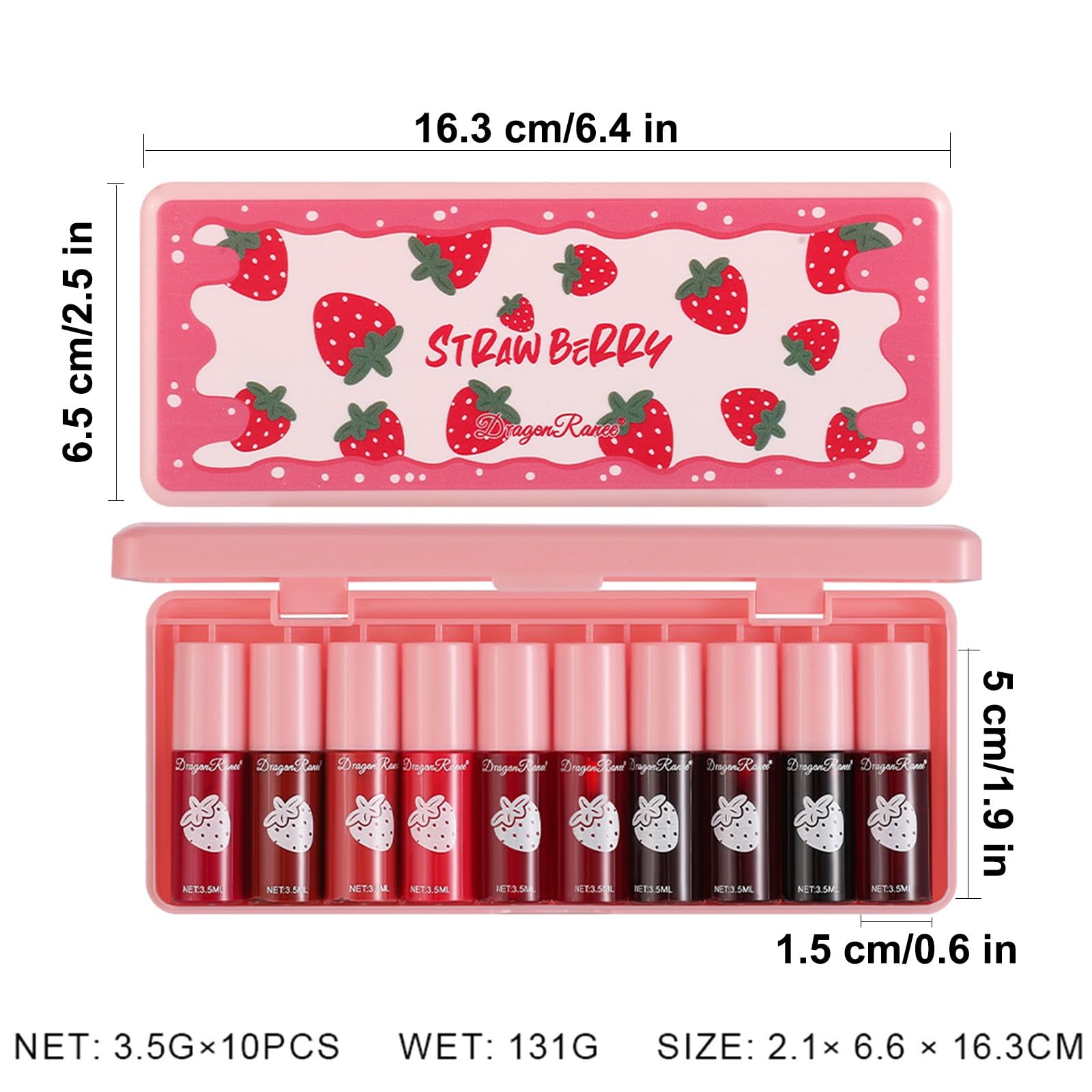 Set mit 10 Lippenstiften mit glänzenden und matten Lippenstiften, mit Mini-Glanz, lang anhaltend und schnell trocknend, ideal als Geschenk für Make-up (Erdbeere, Lipgloss).