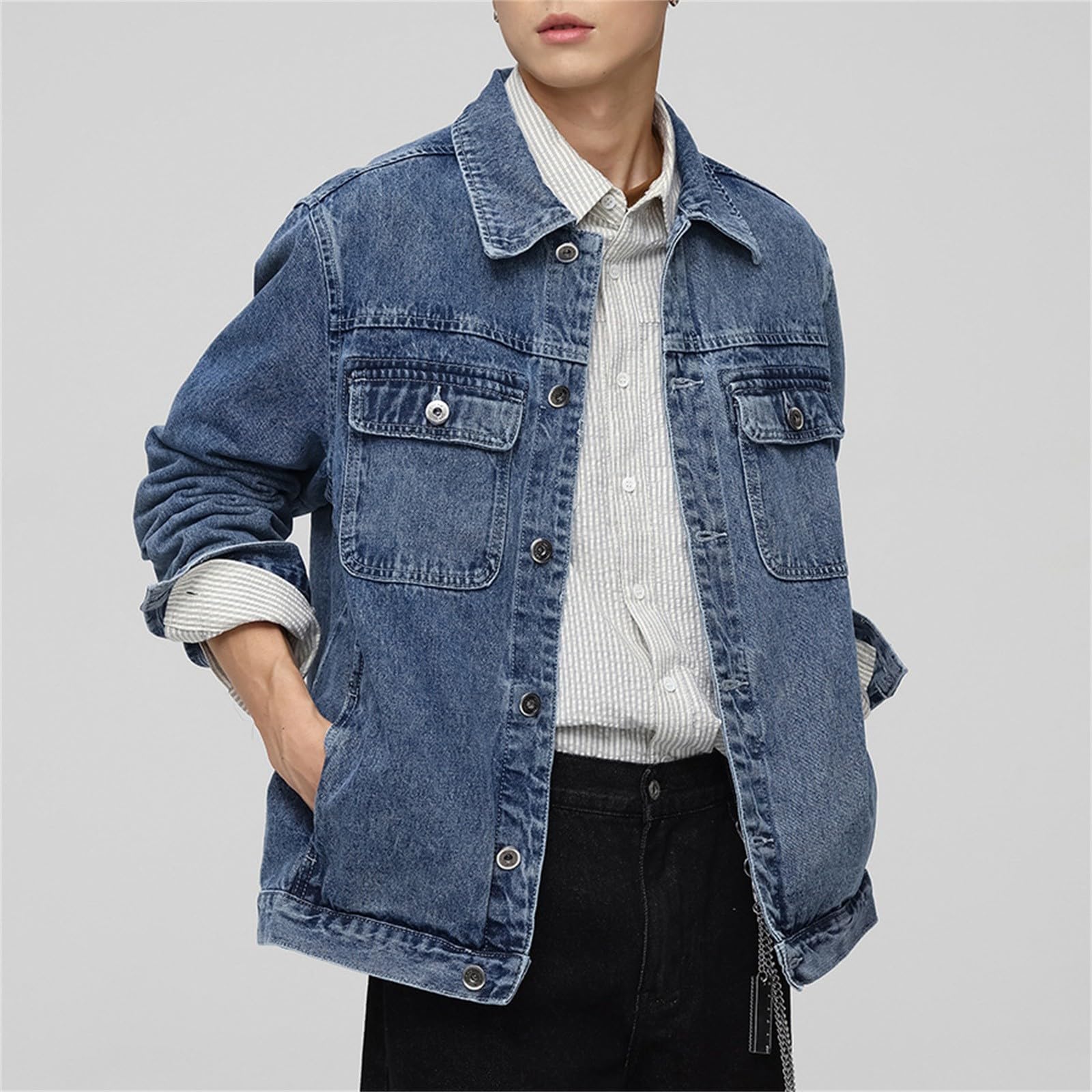 Generisch Giacca di jeans da uomo 4XL, taglie forti, giacca college con tasche e bottoni, giacca per le mezze stagioni, a maniche lunghe, con risvolto, tinta unita, giacca sportiva, comoda e versatile