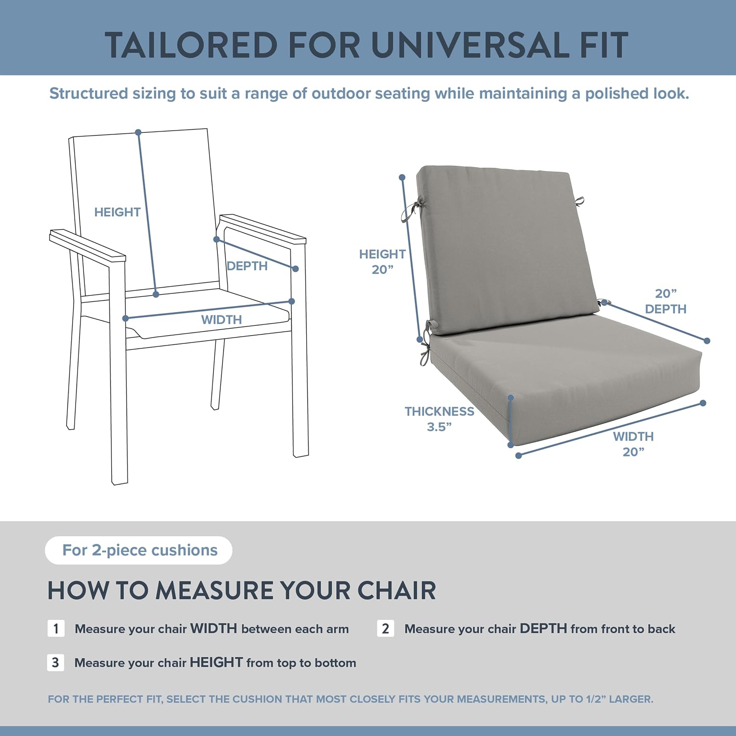 California Umbrella Outdoor Dining Chair, Patio Seat Cushion, 20 x 40 Inch, Premium Outdoor Memory Foam, Fade Resistant Sunbrella Fabric, Fabric Ties,Granite