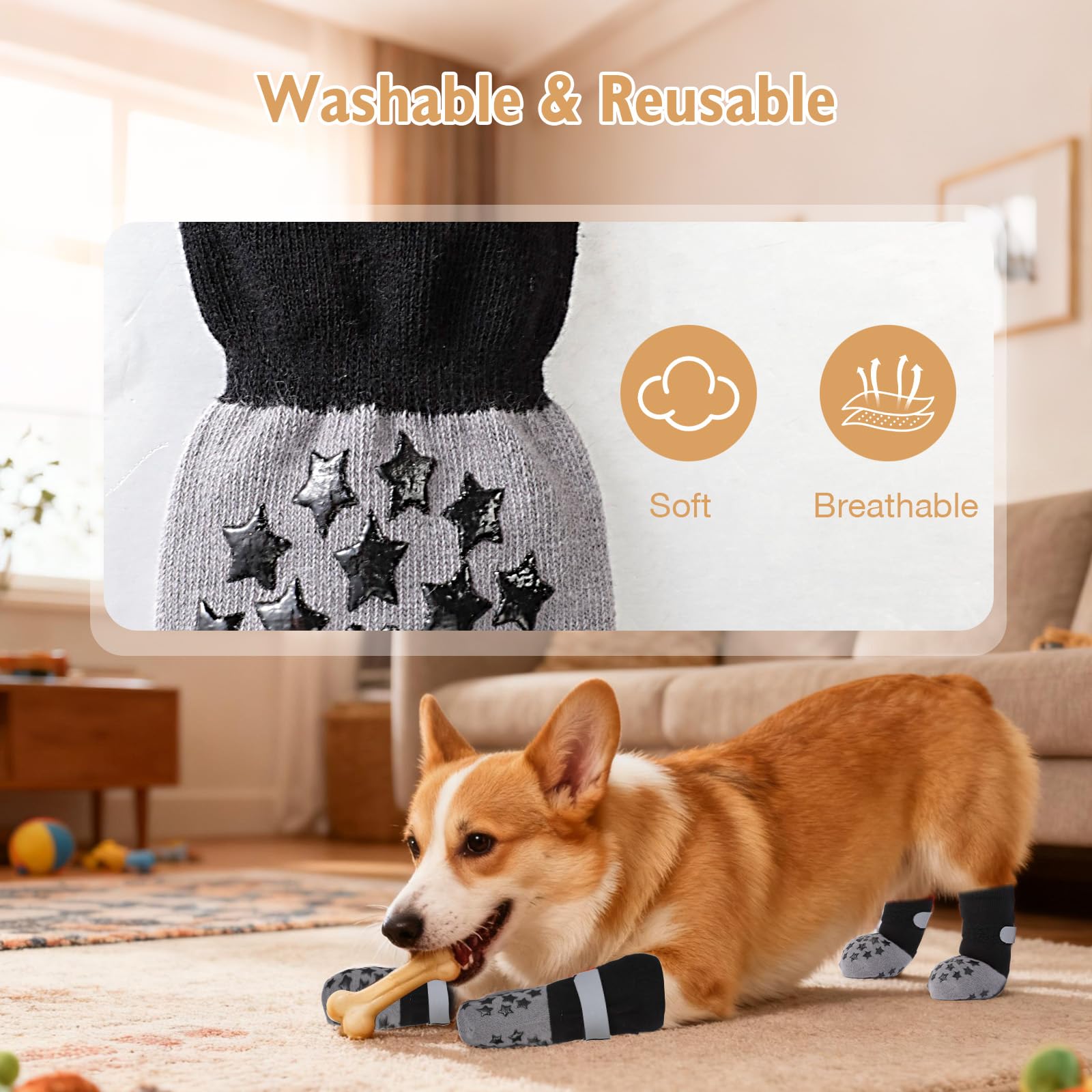 VINATO Calzini per Cani Antiscivolo - Set di 4 Protezioni per Zampe per Taglie Medie, Grandi e Anziani - con Bande Riflettenti Regolabili - Ideale per Interni ed Esterni, Taglia L