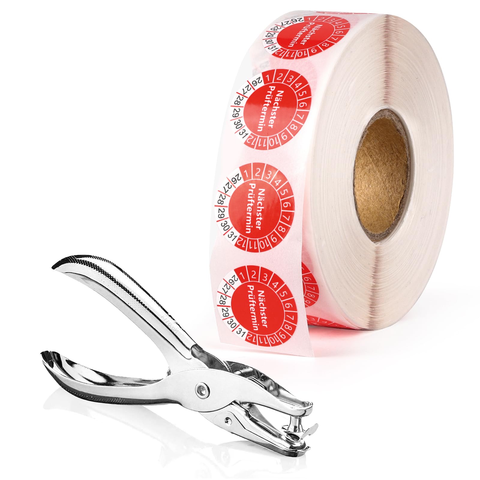 1000 Stück Nächster Prüftermin Prüfplaketten 20 MM 1 Lochzange Prüfplakettenzange Rundloch 3MM Satz 2026-2031 Rot Selbstklebend Prüfaufkleber Lochzange für Prüfplaketten Elektro