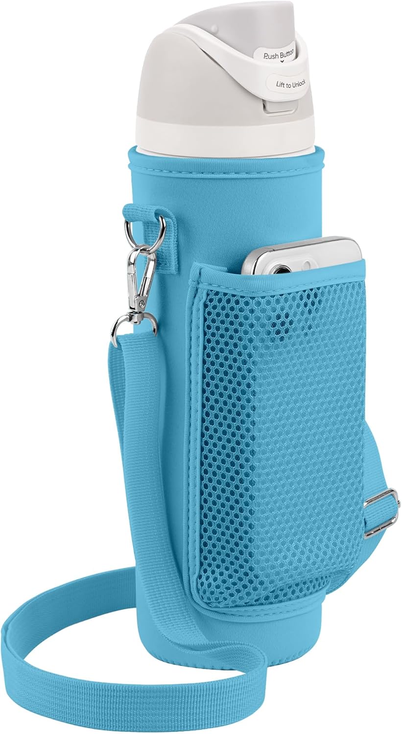 Linkidea Water Bottle Carrier with 2 Strap Compatible with Owala FreeSip 24oz, Waterbottle Sling Bag Holder, Shoulder Strap with Mesh Phone Pocket (Blue)