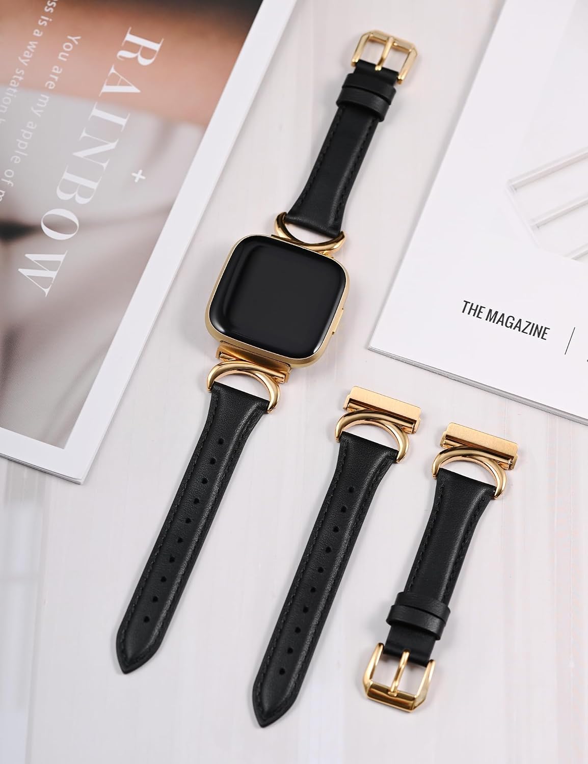 Minyee Leather Band Compatible with Fitbit Versa 2/Fitbit Versa/Versa Lite Bands Women, Slim Thin Dressy Designer Premium Leather Strap with C-Shape Metal Buckle for Versa 2 Smartwatch Accessories